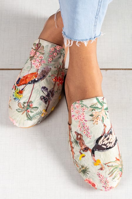 Kala_Green Enchanting Mist Printed And Embroidered Mules _Online_at_Aza_Fashions
