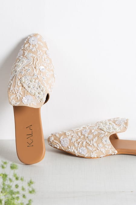 Buy_Kala_Beige Dreams Flamingo Embroidered Mules _Online_at_Aza_Fashions