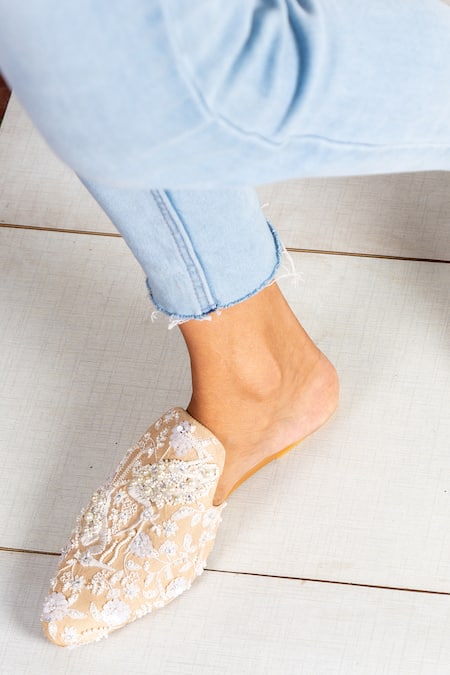 Shop_Kala_Beige Dreams Flamingo Embroidered Mules _Online_at_Aza_Fashions