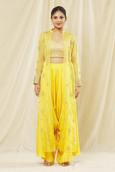 Shop Vasavi Shah Yellow Silk, Organza, Cotton Embroidery, Gota Patti Jacket And Harem Pant Set Online at Aza Fashions Shop_Vasavi Shah_Yellow Silk, Organza, Cotton Embroidery, Gota Patti Jacket And Harem Pant Set _Online_at_Aza_Fashions