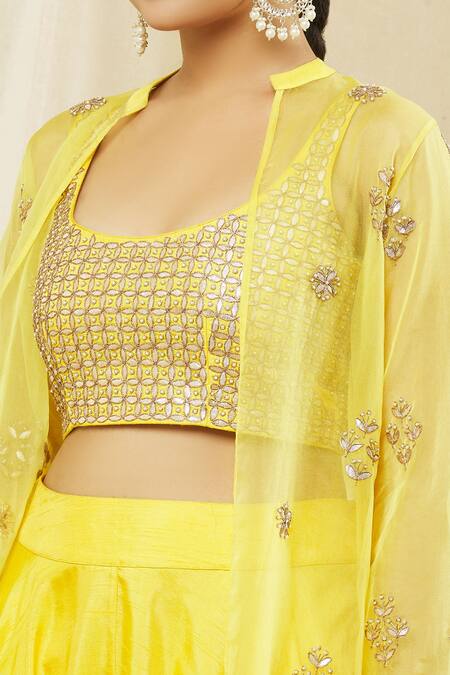 Vasavi Shah Yellow Silk, Organza, Cotton Embroidery, Gota Patti Jacket And Harem Pant Set at Aza Fashions Vasavi Shah_Yellow Silk, Organza, Cotton Embroidery, Gota Patti Jacket And Harem Pant Set _at_Aza_Fashions