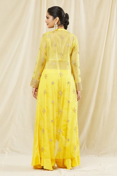 Shop Vasavi Shah Yellow Silk, Organza, Cotton Embroidery, Gota Patti Jacket And Harem Pant Set at Aza Fashions Shop_Vasavi Shah_Yellow Silk, Organza, Cotton Embroidery, Gota Patti Jacket And Harem Pant Set _at_Aza_Fashions