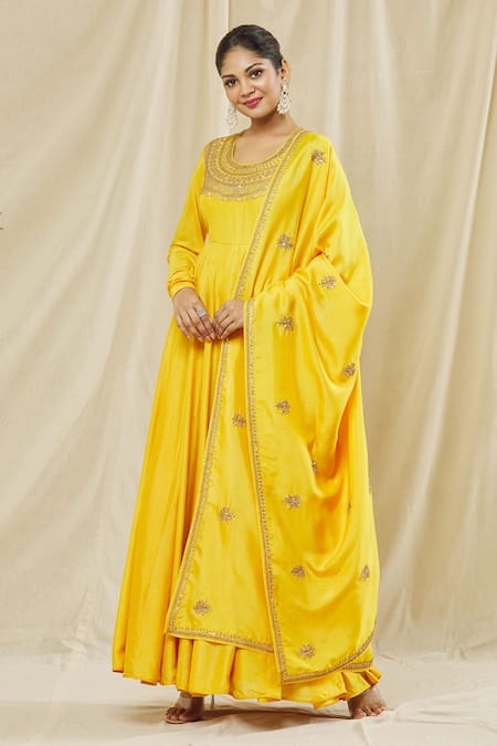Vasavi Shah Yellow Cotton, Silk Embroidery, Diamonds Round Neck Dori Anarkali With Dupatta 
