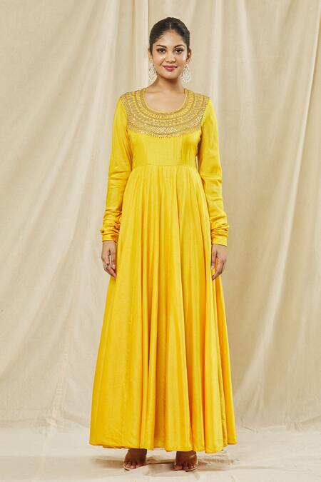 Vasavi Shah Yellow Cotton, Silk Embroidery, Diamonds Round Neck Dori Anarkali With Dupatta Online at Aza Fashions Vasavi Shah_Yellow Cotton, Silk Embroidery, Diamonds Round Neck Dori Anarkali With Dupatta _Online_at_Aza_Fashions