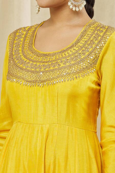 Buy Vasavi Shah Yellow Cotton, Silk Embroidery, Diamonds Round Neck Dori Anarkali With Dupatta Online at Aza Fashions Buy_Vasavi Shah_Yellow Cotton, Silk Embroidery, Diamonds Round Neck Dori Anarkali With Dupatta _Online_at_Aza_Fashions