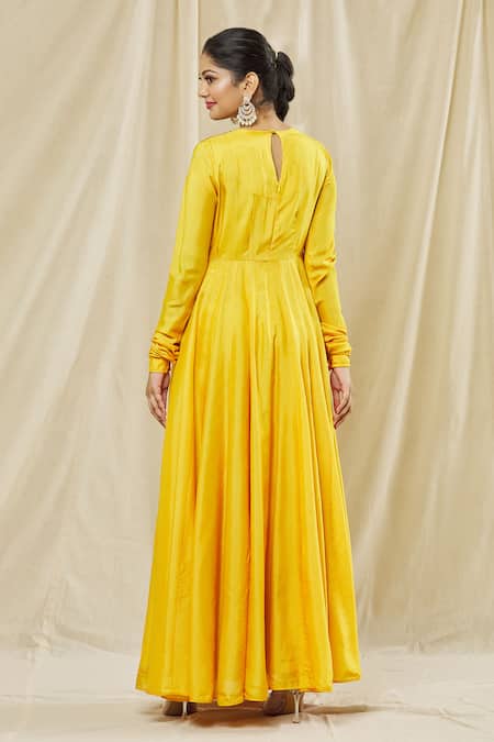 Shop Vasavi Shah Yellow Cotton, Silk Embroidery, Diamonds Round Neck Dori Anarkali With Dupatta at Aza Fashions Shop_Vasavi Shah_Yellow Cotton, Silk Embroidery, Diamonds Round Neck Dori Anarkali With Dupatta _at_Aza_Fashions