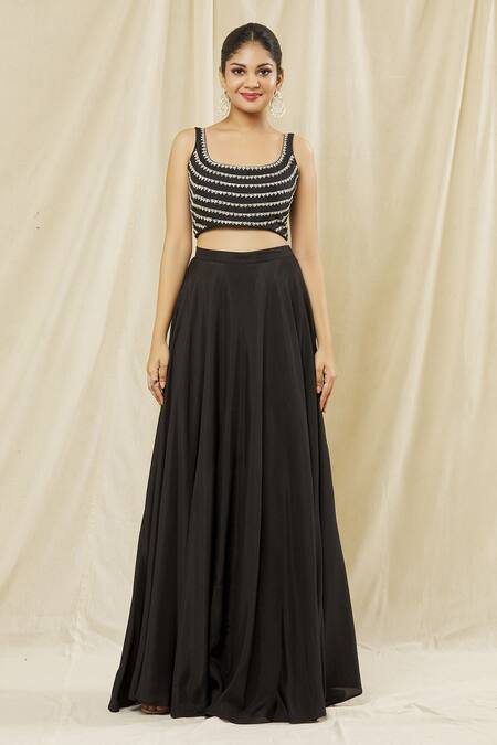 Vasavi Shah Black Silk, Cotton, Organza Sequins Round Neck Embroidered Jacket And Skirt Set Online at Aza Fashions Vasavi Shah_Black Silk, Cotton, Organza Sequins Round Neck Embroidered Jacket And Skirt Set _Online_at_Aza_Fashions