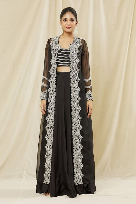 Buy Vasavi Shah Black Silk, Cotton, Organza Sequins Round Neck Embroidered Jacket And Skirt Set Online at Aza Fashions Buy_Vasavi Shah_Black Silk, Cotton, Organza Sequins Round Neck Embroidered Jacket And Skirt Set _Online_at_Aza_Fashions