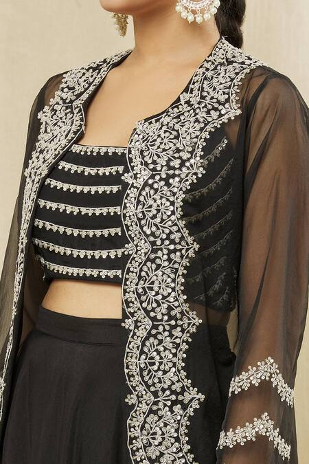 Shop Vasavi Shah Black Silk, Cotton, Organza Sequins Round Neck Embroidered Jacket And Skirt Set Online at Aza Fashions Shop_Vasavi Shah_Black Silk, Cotton, Organza Sequins Round Neck Embroidered Jacket And Skirt Set _Online_at_Aza_Fashions
