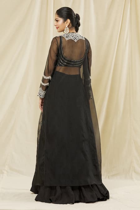 Shop Vasavi Shah Black Silk, Cotton, Organza Sequins Round Neck Embroidered Jacket And Skirt Set at Aza Fashions Shop_Vasavi Shah_Black Silk, Cotton, Organza Sequins Round Neck Embroidered Jacket And Skirt Set _at_Aza_Fashions