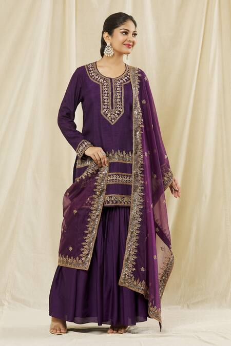 Vasavi Shah Purple Silk, Cotton Sequins, Embroidery Round Neck Short Kurta Gharara Set 