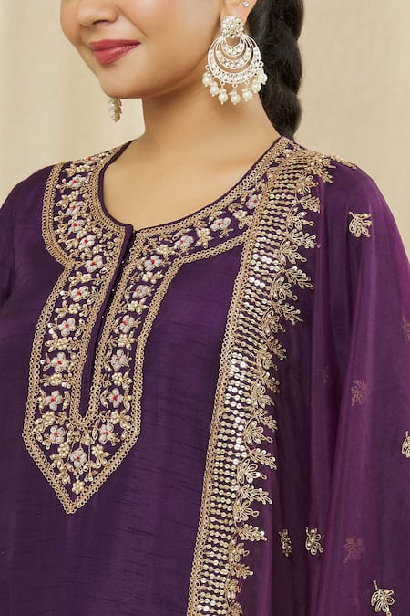 Buy Vasavi Shah Purple Silk, Cotton Sequins, Embroidery Round Neck Short Kurta Gharara Set Online at Aza Fashions Buy_Vasavi Shah_Purple Silk, Cotton Sequins, Embroidery Round Neck Short Kurta Gharara Set _Online_at_Aza_Fashions