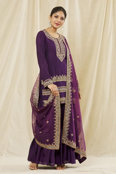 Vasavi Shah Purple Silk, Cotton Sequins, Embroidery Round Neck Short Kurta Gharara Set at Aza Fashions Vasavi Shah_Purple Silk, Cotton Sequins, Embroidery Round Neck Short Kurta Gharara Set _at_Aza_Fashions