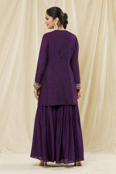 Shop Vasavi Shah Purple Silk, Cotton Sequins, Embroidery Round Neck Short Kurta Gharara Set at Aza Fashions Shop_Vasavi Shah_Purple Silk, Cotton Sequins, Embroidery Round Neck Short Kurta Gharara Set _at_Aza_Fashions