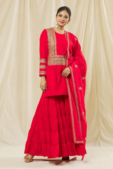 Vasavi Shah Red Silk, Cotton Sequins, Embroidery Round Neck Dori Short Kurta Sharara Set 