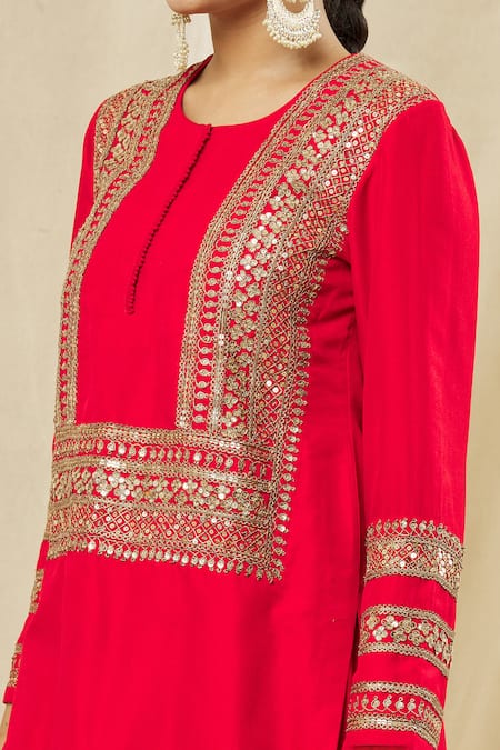 Vasavi Shah_Red Silk, Cotton Sequins, Embroidery Round Neck Dori Short Kurta Sharara Set _Online_at_Aza_Fashions