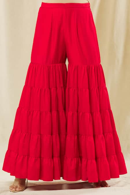 Buy_Vasavi Shah_Red Silk, Cotton Sequins, Embroidery Round Neck Dori Short Kurta Sharara Set _Online_at_Aza_Fashions