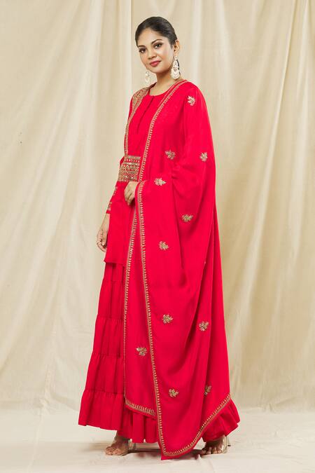 Shop_Vasavi Shah_Red Silk, Cotton Sequins, Embroidery Round Neck Dori Short Kurta Sharara Set _Online_at_Aza_Fashions