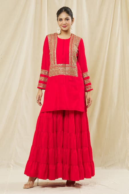 Vasavi Shah_Red Silk, Cotton Sequins, Embroidery Round Neck Dori Short Kurta Sharara Set _at_Aza_Fashions