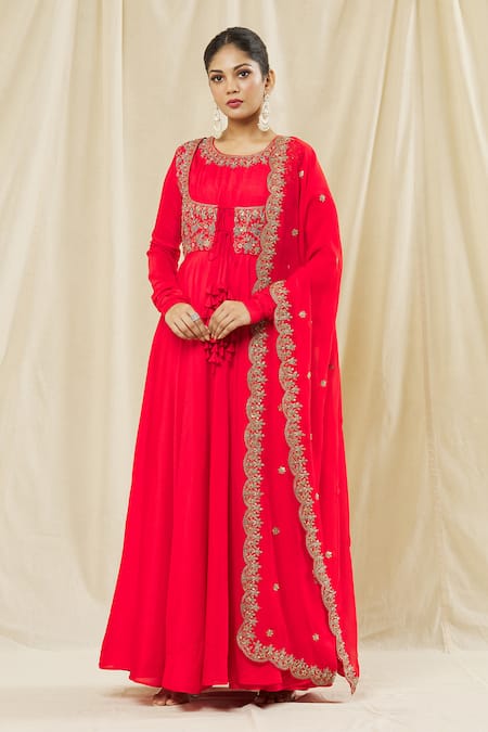 Vasavi Shah Red , Cotton, Organza Embroidery Round Sequin Anarkali With Dupatta 
