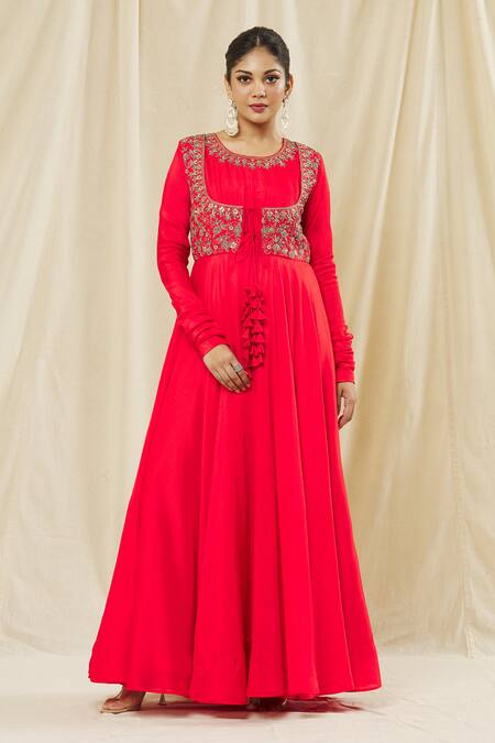Vasavi Shah Red , Cotton, Organza Embroidery Round Sequin Anarkali With Dupatta Online at Aza Fashions Vasavi Shah_Red , Cotton, Organza Embroidery Round Sequin Anarkali With Dupatta _Online_at_Aza_Fashions