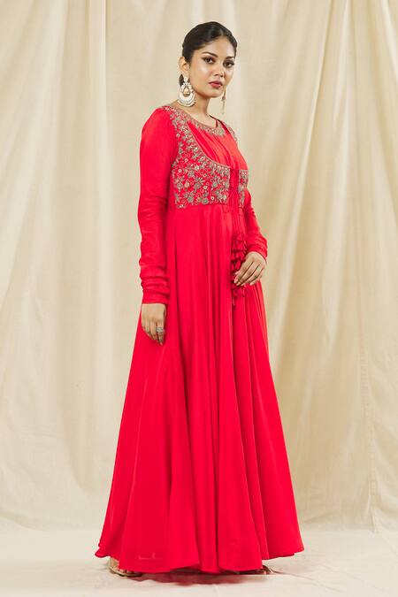 Buy Vasavi Shah Red , Cotton, Organza Embroidery Round Sequin Anarkali With Dupatta Online at Aza Fashions Buy_Vasavi Shah_Red , Cotton, Organza Embroidery Round Sequin Anarkali With Dupatta _Online_at_Aza_Fashions