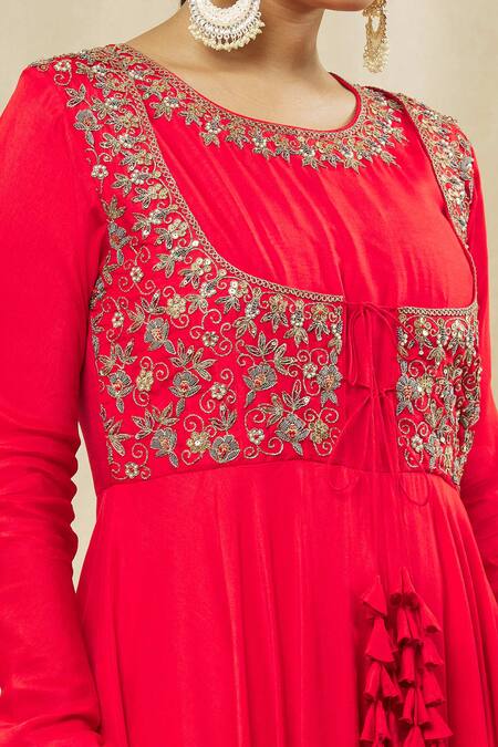Shop Vasavi Shah Red , Cotton, Organza Embroidery Round Sequin Anarkali With Dupatta Online at Aza Fashions Shop_Vasavi Shah_Red , Cotton, Organza Embroidery Round Sequin Anarkali With Dupatta _Online_at_Aza_Fashions