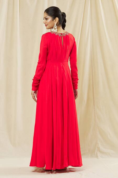 Shop Vasavi Shah Red , Cotton, Organza Embroidery Round Sequin Anarkali With Dupatta at Aza Fashions Shop_Vasavi Shah_Red , Cotton, Organza Embroidery Round Sequin Anarkali With Dupatta _at_Aza_Fashions