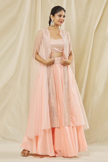 Vasavi Shah Pink Silk, Organza, Cotton Embroidery Round Neck Floral Cape And Skirt Set at Aza Fashions Vasavi Shah_Pink Silk, Organza, Cotton Embroidery Round Neck Floral Cape And Skirt Set _at_Aza_Fashions