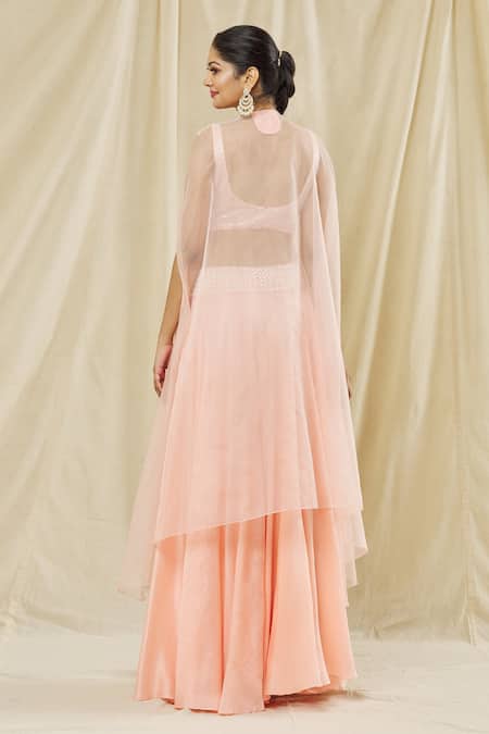 Shop Vasavi Shah Pink Silk, Organza, Cotton Embroidery Round Neck Floral Cape And Skirt Set at Aza Fashions Shop_Vasavi Shah_Pink Silk, Organza, Cotton Embroidery Round Neck Floral Cape And Skirt Set _at_Aza_Fashions
