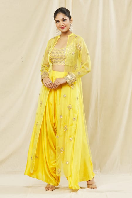 Vasavi Shah Yellow Silk, Organza, Cotton Embroidery, Gota Patti Jacket And Harem Pant Set Online at Aza Fashions Vasavi Shah_Yellow Silk, Organza, Cotton Embroidery, Gota Patti Jacket And Harem Pant Set _Online_at_Aza_Fashions