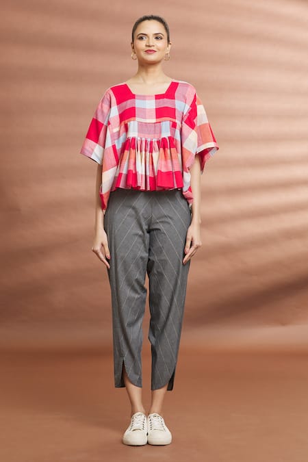 Buy_Naintara Bajaj_Red Cotton Square Neck Pleated Asymmetric Top _Online_at_Aza_Fashions