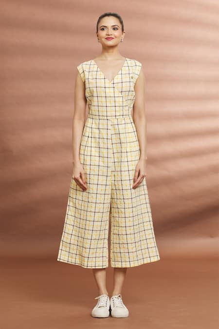 Naintara Bajaj Yellow Cotton V-neck Checked Over-lap Jumpsuit Online at Aza Fashions Naintara Bajaj_Yellow Cotton V-neck Checked Over-lap Jumpsuit _Online_at_Aza_Fashions