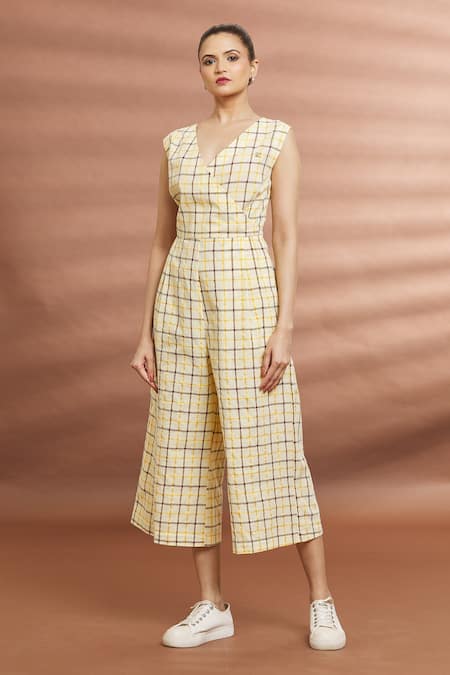 Buy Naintara Bajaj Yellow Cotton V-neck Checked Over-lap Jumpsuit Online at Aza Fashions Buy_Naintara Bajaj_Yellow Cotton V-neck Checked Over-lap Jumpsuit _Online_at_Aza_Fashions