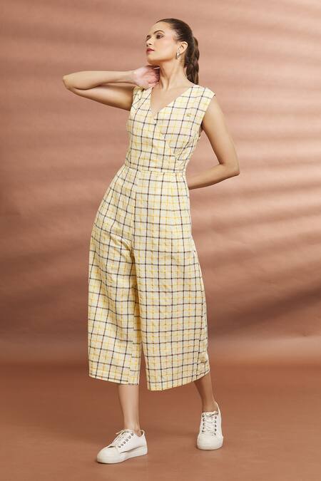 Shop Naintara Bajaj Yellow Cotton V-neck Checked Over-lap Jumpsuit Online at Aza Fashions Shop_Naintara Bajaj_Yellow Cotton V-neck Checked Over-lap Jumpsuit _Online_at_Aza_Fashions