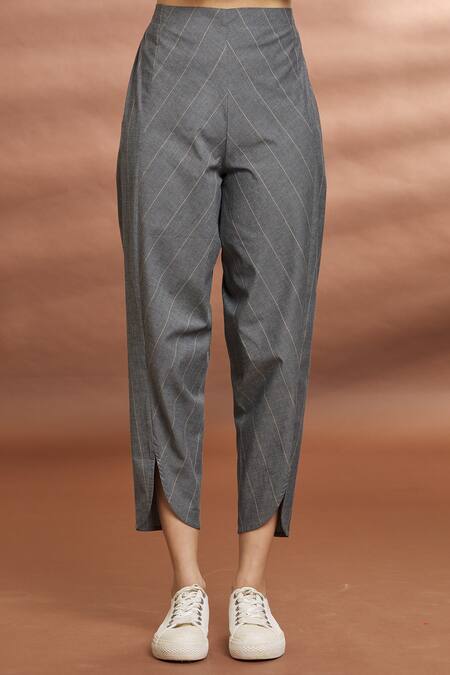 Naintara Bajaj_Grey Cotton Striped Straight Pant _Online_at_Aza_Fashions