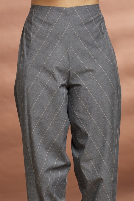 Buy_Naintara Bajaj_Grey Cotton Striped Straight Pant _Online_at_Aza_Fashions