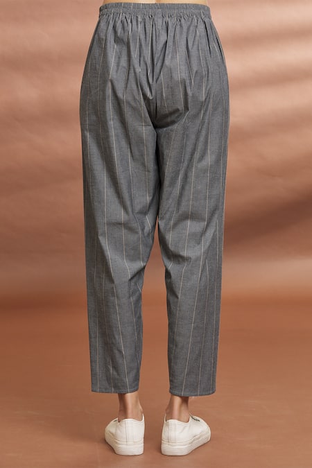 Shop_Naintara Bajaj_Grey Cotton Striped Straight Pant _Online_at_Aza_Fashions
