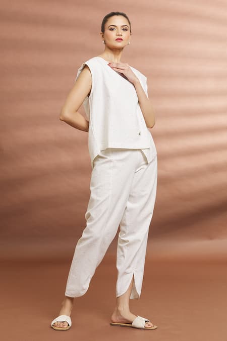 Naintara Bajaj White Cotton Boat Neck Overlap Top And Pant Set Online at Aza Fashions Naintara Bajaj_White Cotton Boat Neck Overlap Top And Pant Set _Online_at_Aza_Fashions