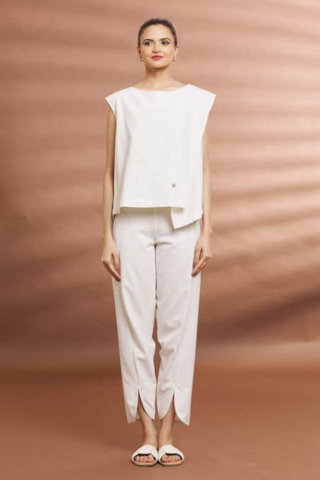 Naintara Bajaj White Cotton Boat Neck Overlap Top And Pant Set at Aza Fashions Naintara Bajaj_White Cotton Boat Neck Overlap Top And Pant Set _at_Aza_Fashions