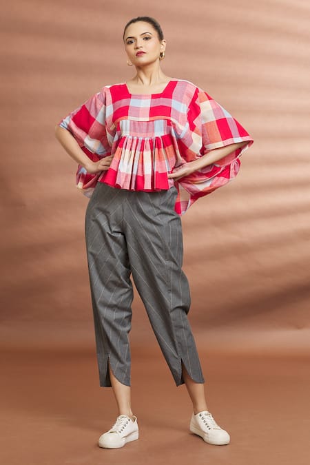 Shop_Naintara Bajaj_Red Cotton Square Neck Pleated Asymmetric Top _Online_at_Aza_Fashions