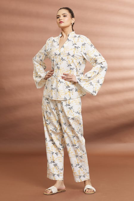 Samyukta Singhania Yellow Cotton Slub Notched Floral Print Top And Pant Set 