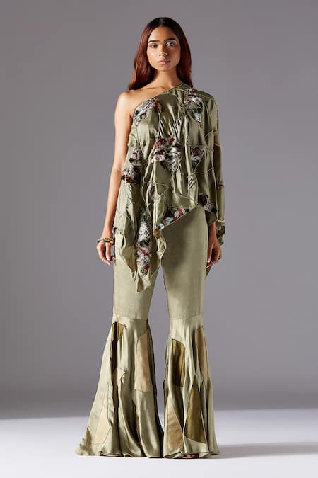 A Humming Way Green Linen Topiary One-shoulder Cape And Mesa Sharara Set 