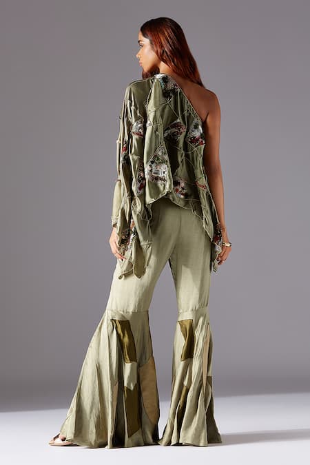 Shop A Humming Way Green Linen Topiary One-shoulder Cape And Mesa Sharara Set at Aza Fashions Shop_A Humming Way_Green Linen Topiary One-shoulder Cape And Mesa Sharara Set _at_Aza_Fashions