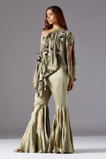 Buy A Humming Way Green Linen Topiary One-shoulder Cape And Mesa Sharara Set Online at Aza Fashions Buy_A Humming Way_Green Linen Topiary One-shoulder Cape And Mesa Sharara Set _Online_at_Aza_Fashions