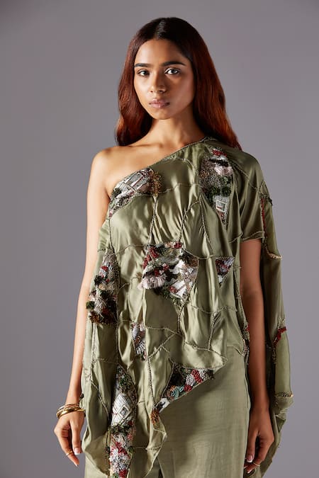 Shop A Humming Way Green Linen Topiary One-shoulder Cape And Mesa Sharara Set Online at Aza Fashions Shop_A Humming Way_Green Linen Topiary One-shoulder Cape And Mesa Sharara Set _Online_at_Aza_Fashions