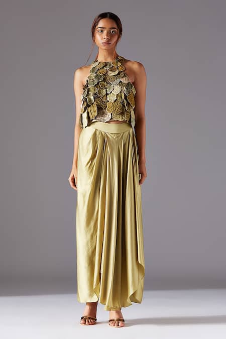 A Humming Way Green Satin Organza Hand Embroidered Texture Mima Top With Draped Lungi Skirt Online at Aza Fashions A Humming Way_Green Satin Organza Hand Embroidered Texture Mima Top With Draped Lungi Skirt _Online_at_Aza_Fashions