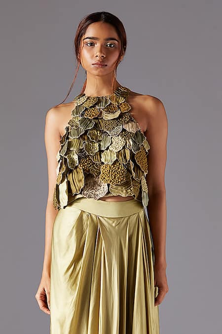 Buy A Humming Way Green Satin Organza Hand Embroidered Texture Mima Top With Draped Lungi Skirt Online at Aza Fashions Buy_A Humming Way_Green Satin Organza Hand Embroidered Texture Mima Top With Draped Lungi Skirt _Online_at_Aza_Fashions