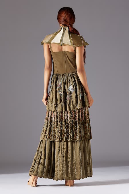 Shop A Humming Way Green Bamboo, Satin, Organza Embroidery Topiary Three-tiered Corset Gown at Aza Fashions Shop_A Humming Way_Green Bamboo, Satin, Organza Embroidery Topiary Three-tiered Corset Gown _at_Aza_Fashions