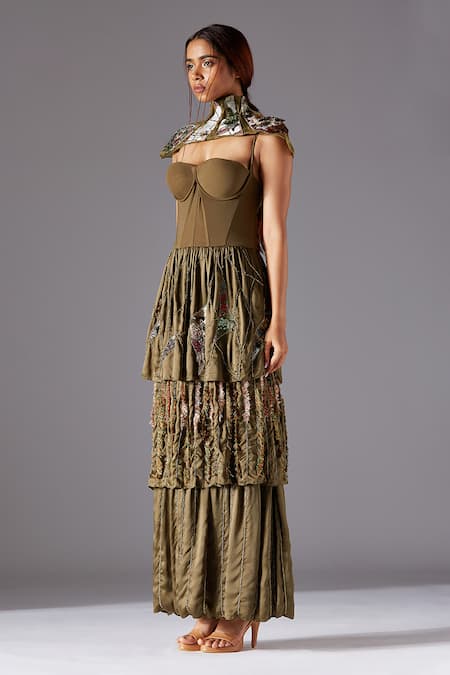 A Humming Way Green Bamboo, Satin, Organza Embroidery Topiary Three-tiered Corset Gown Online at Aza Fashions A Humming Way_Green Bamboo, Satin, Organza Embroidery Topiary Three-tiered Corset Gown _Online_at_Aza_Fashions